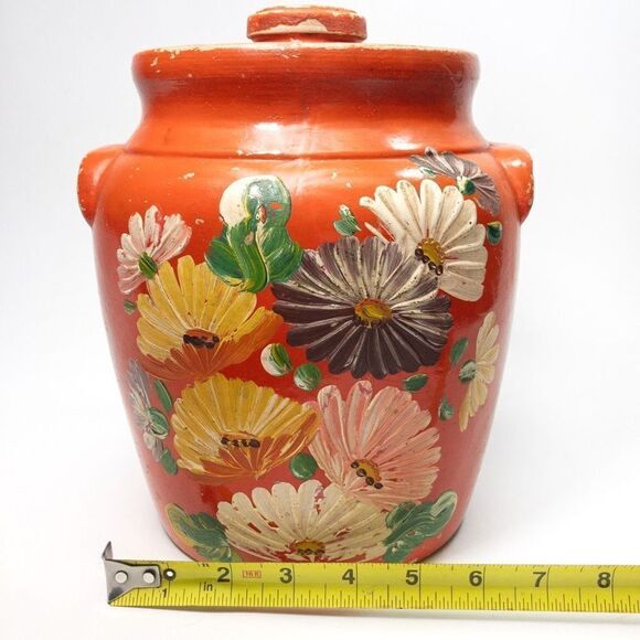 Antique Ransburg Red Asters Hand Painted Stoneware Lidded Cookie Jar/Crock - Picture 11 of 11